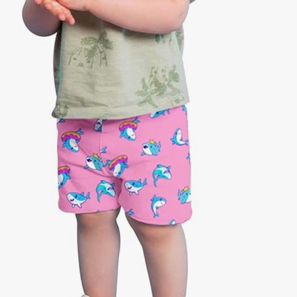 NWT Boys Swim Trunks Size 8. Pink with Sharks and Doughnut Print.